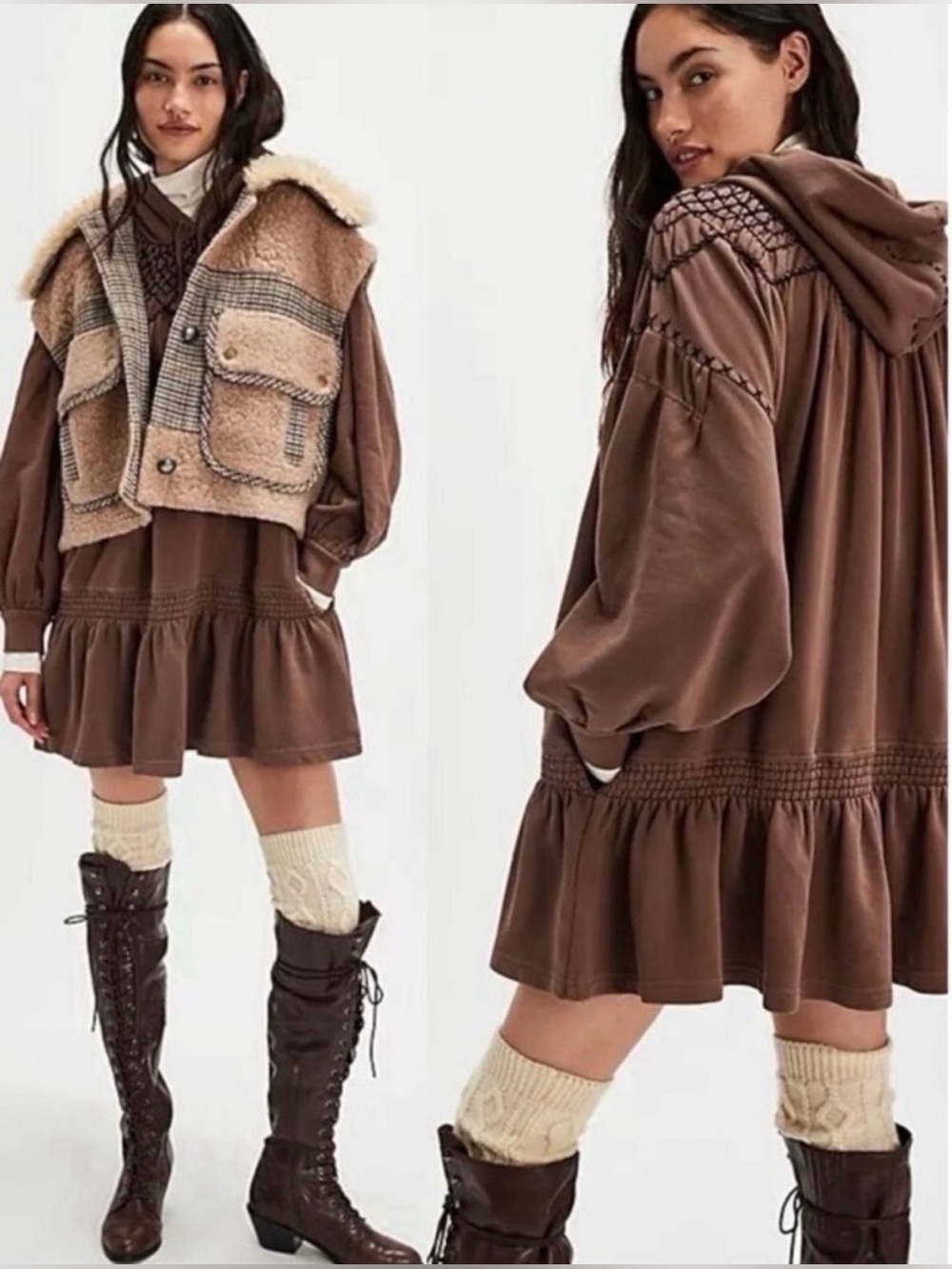Free People Marty Smocked Hooded Mini Dress Size Large - Picture 7 of 11